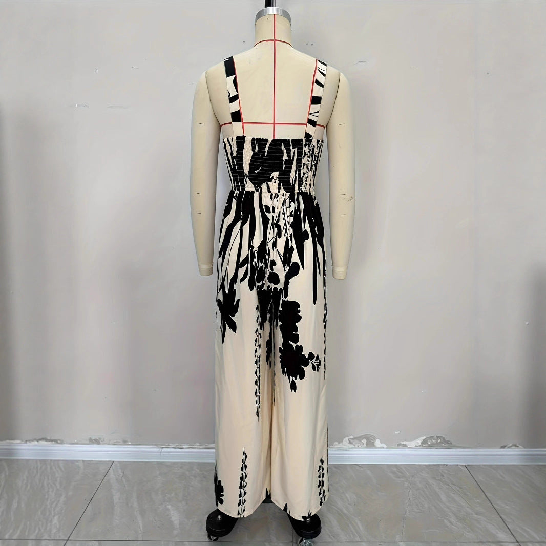 Boho Ethnic Print Tie-Waist Wide-Leg Vacation Jumpsuit