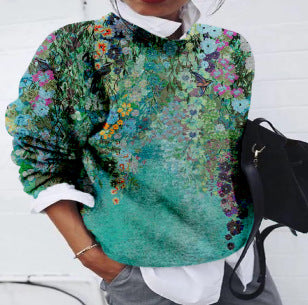 Chic Digital Print Round Neck Knit Sweater