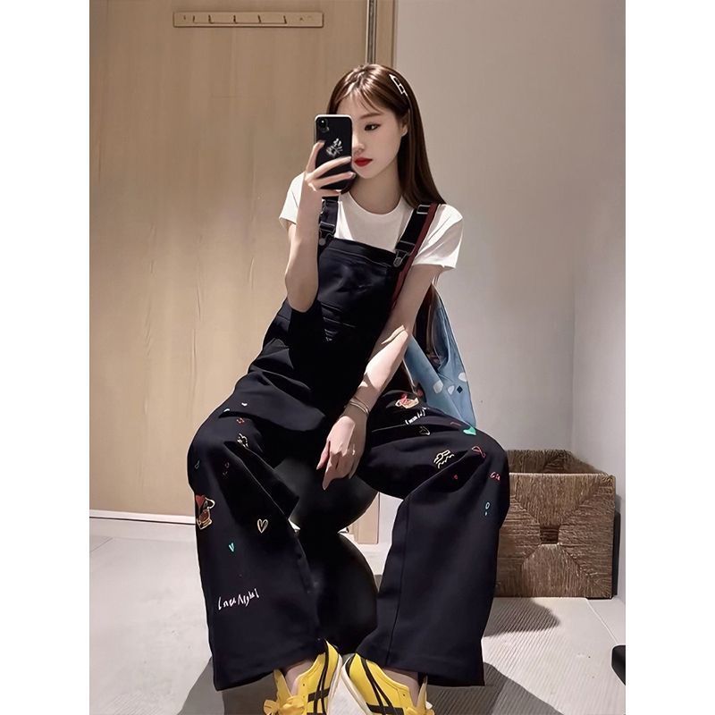 Cartoon Embroidered High-Waisted Loose Denim Suspender Pants