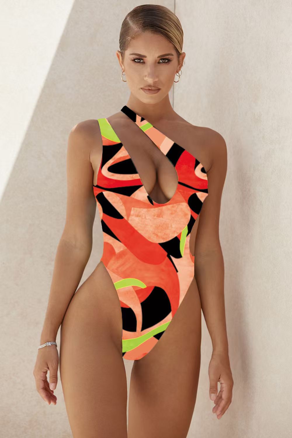 Plus-Size Printed High-Waist Backless One-Piece Swimsuit