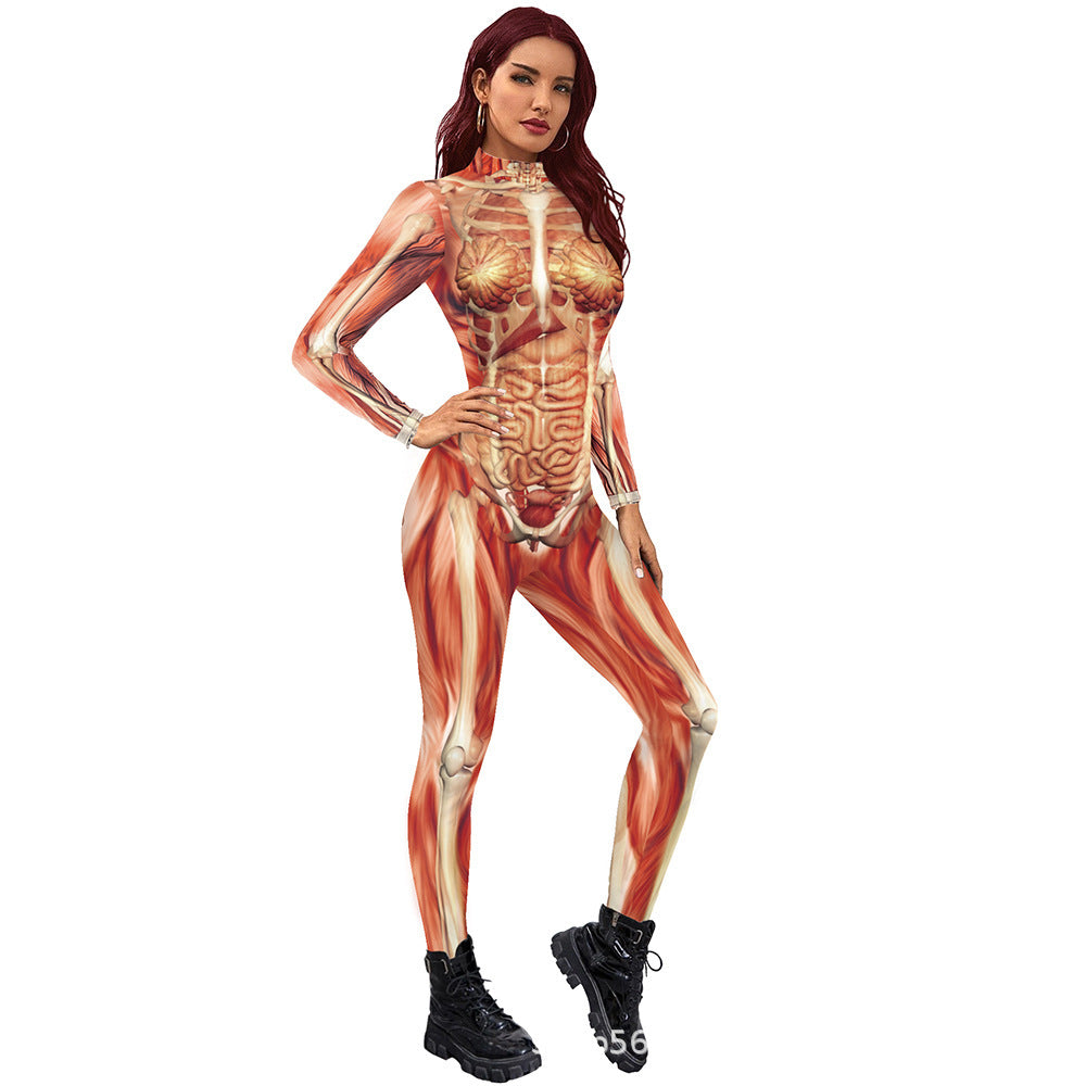Skeleton Print Full Body Jumpsuit Halloween Costume