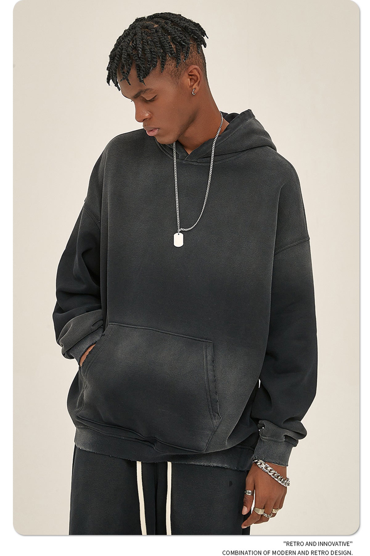 Distressed Fur-Lined Heavyweight Spray-Dyed Hoodie