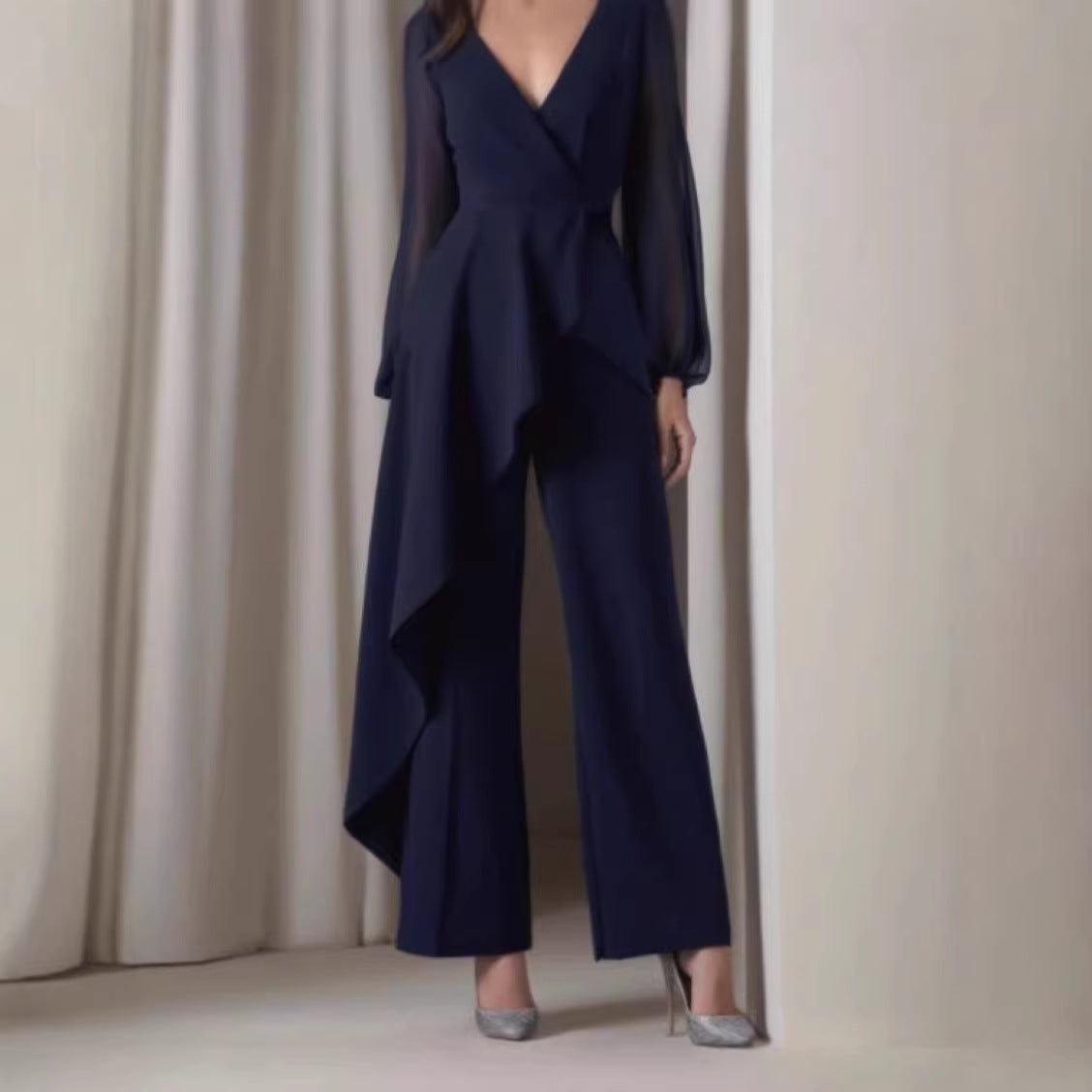 Elegant Navy Blue Long Sleeve Casual Jumpsuit