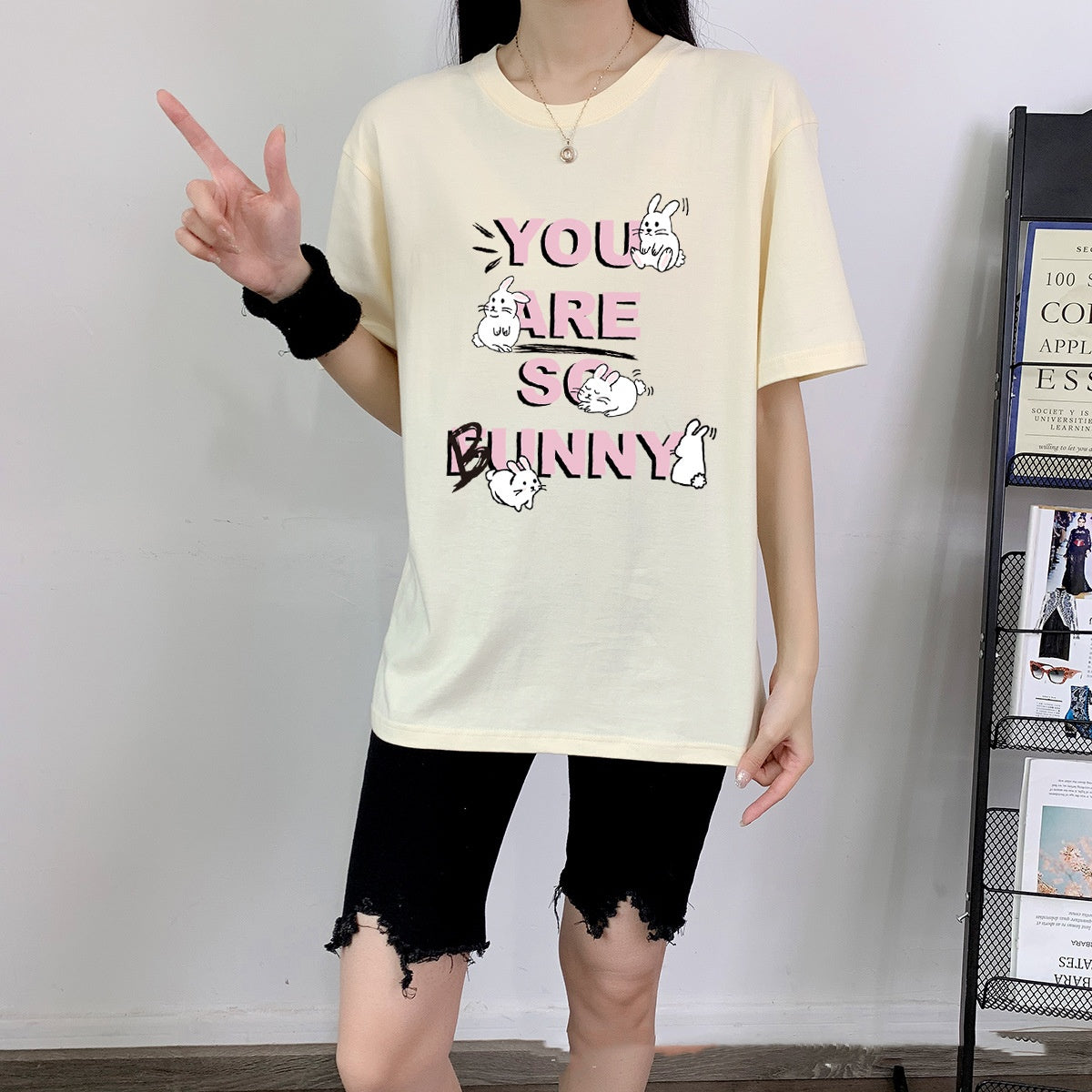 Cute Rabbit Print Cotton Short Sleeve Tee