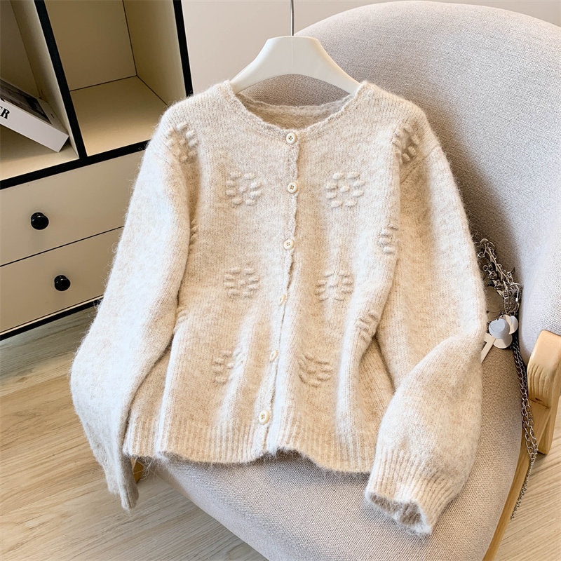 Womens Crew-neck Sweater Coat Loose-fitting Outerwear Knitted Cardigan