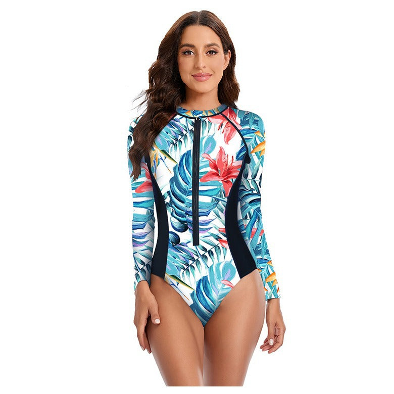 Swimsuit Hot Spring Surfing Diving Zipper Long-sleeve Printed