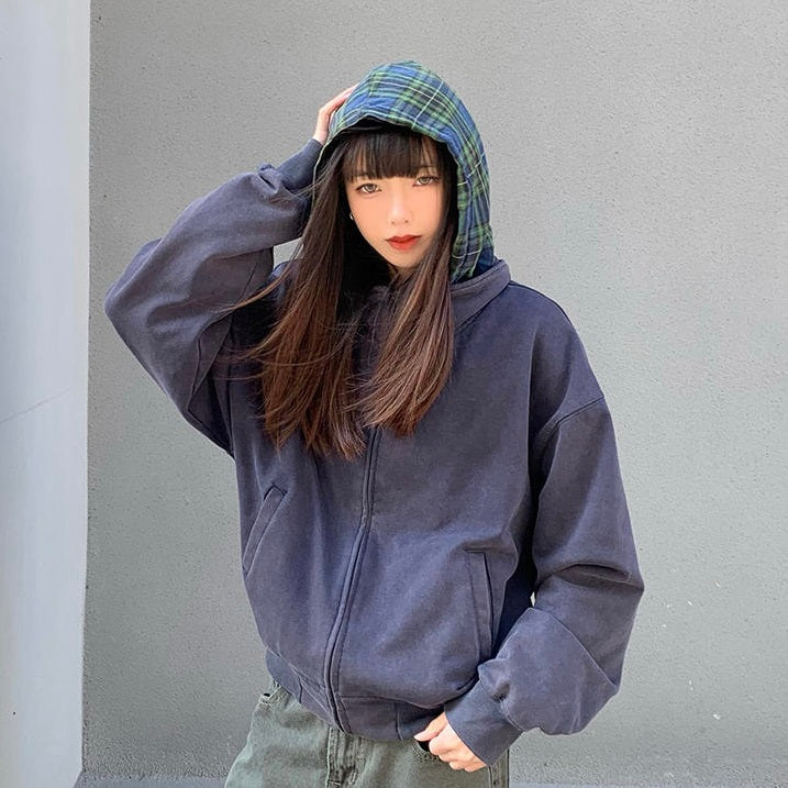 Retro Plaid Zip Hoodie Unisex Cleanfit Sweatshirt