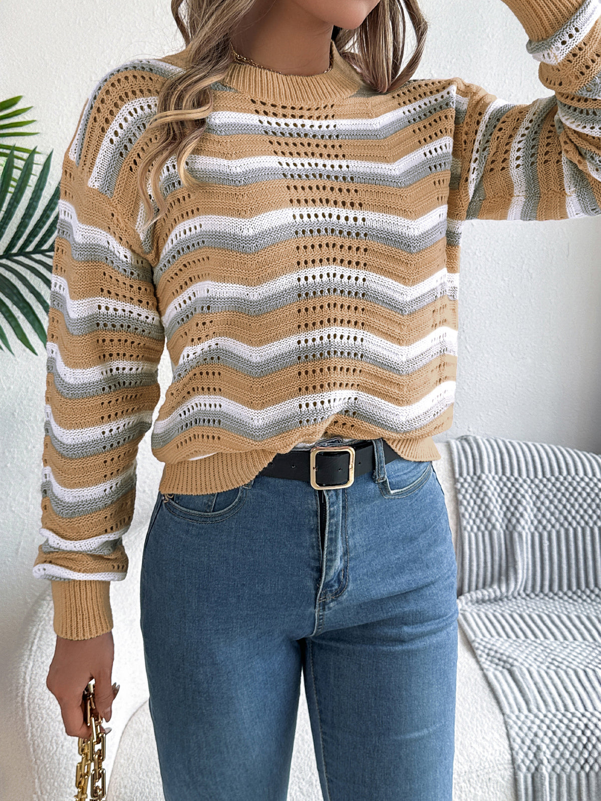 Women Casual Hollow Out Color Block Stripe Lantern Sleeve Pullover Sweater