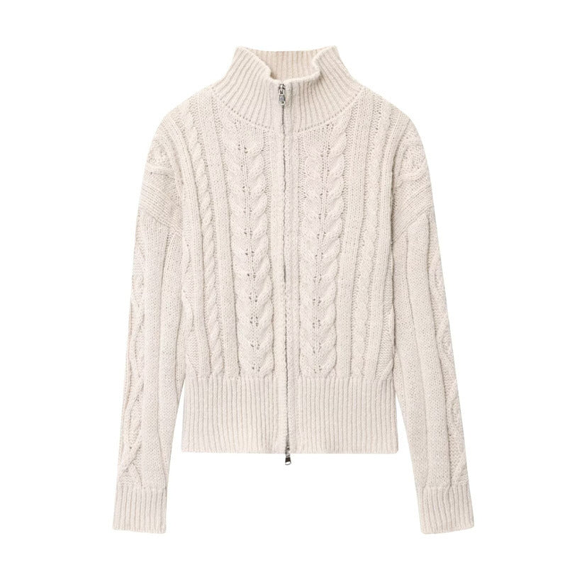 Womens Zip-up Stand Collar Cable-knit Sweater