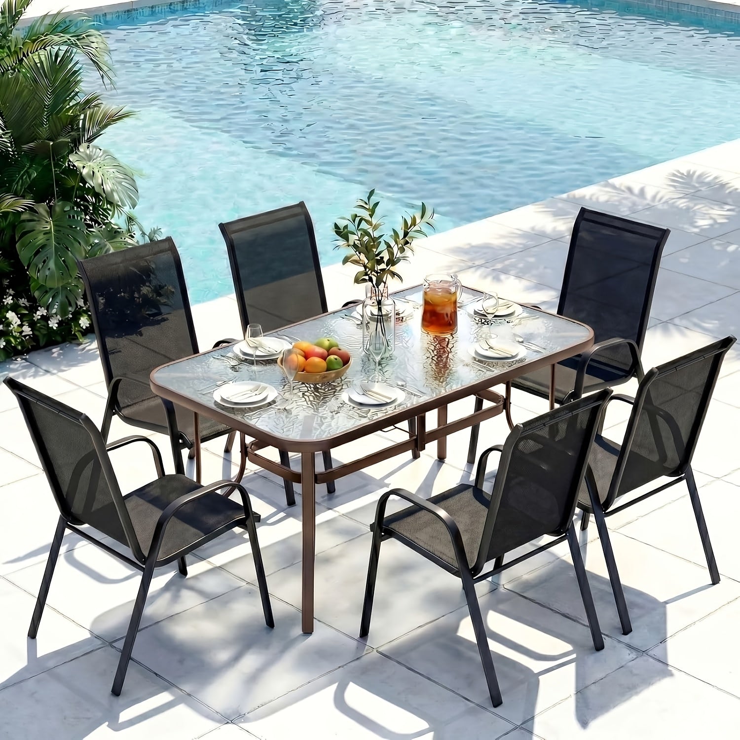 [All Weather Patio Set] Patio Dining Set for 6, Outdoor Table And Chairs W/ 1.69" Umbrella Hole, 30" X 55" Table And Stackable Textilene Chair, All Weather Patio Furniture Set (Umbrella Not Included)