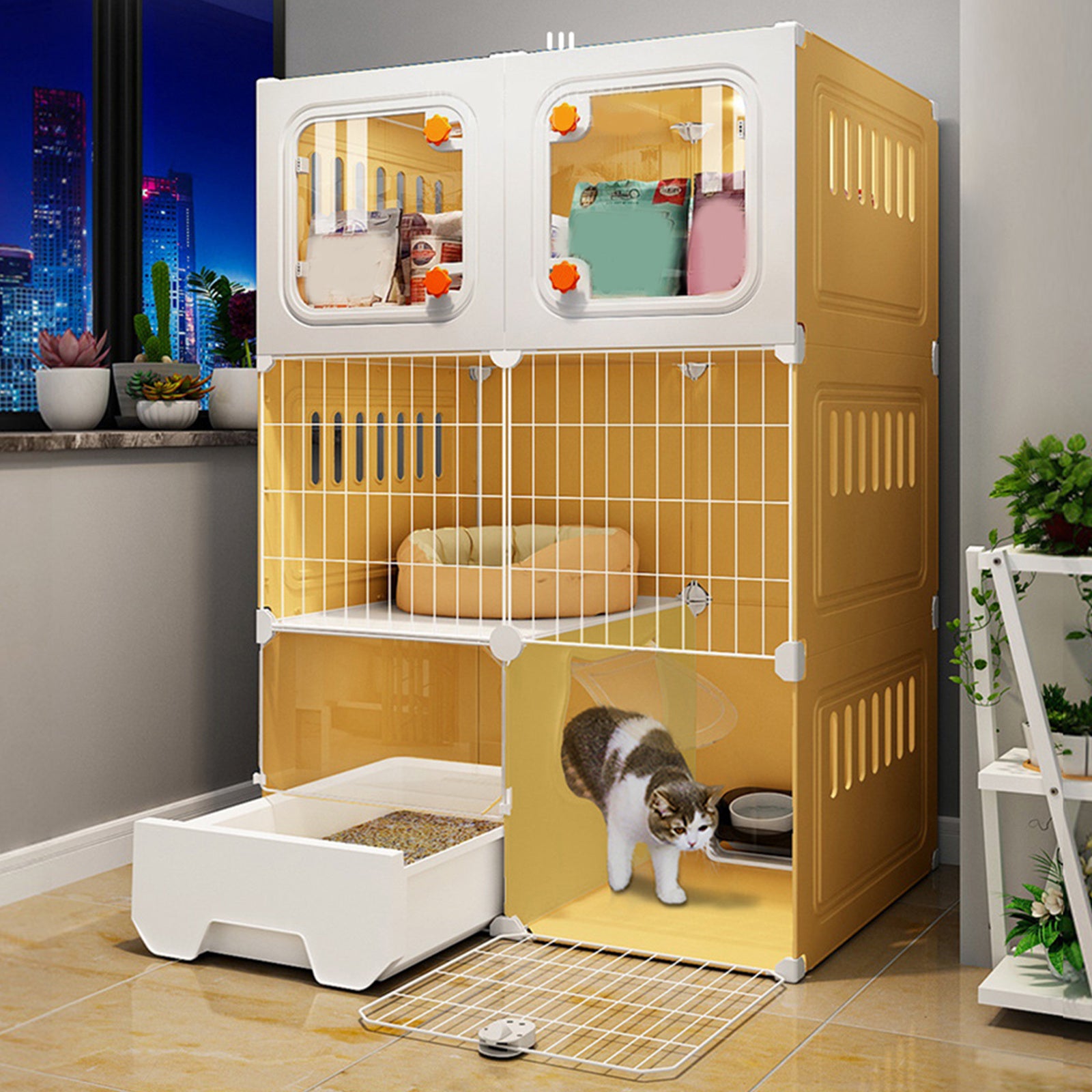 3-story Cat Cage, Litter Box, Bathroom & Nest In One - Space-saving Indoor Cat Villa With Multi-level Platforms, Enclosed Bathroom, Stairs/ Ramp - Easy Assembly, Modern Design For Small Apartments -