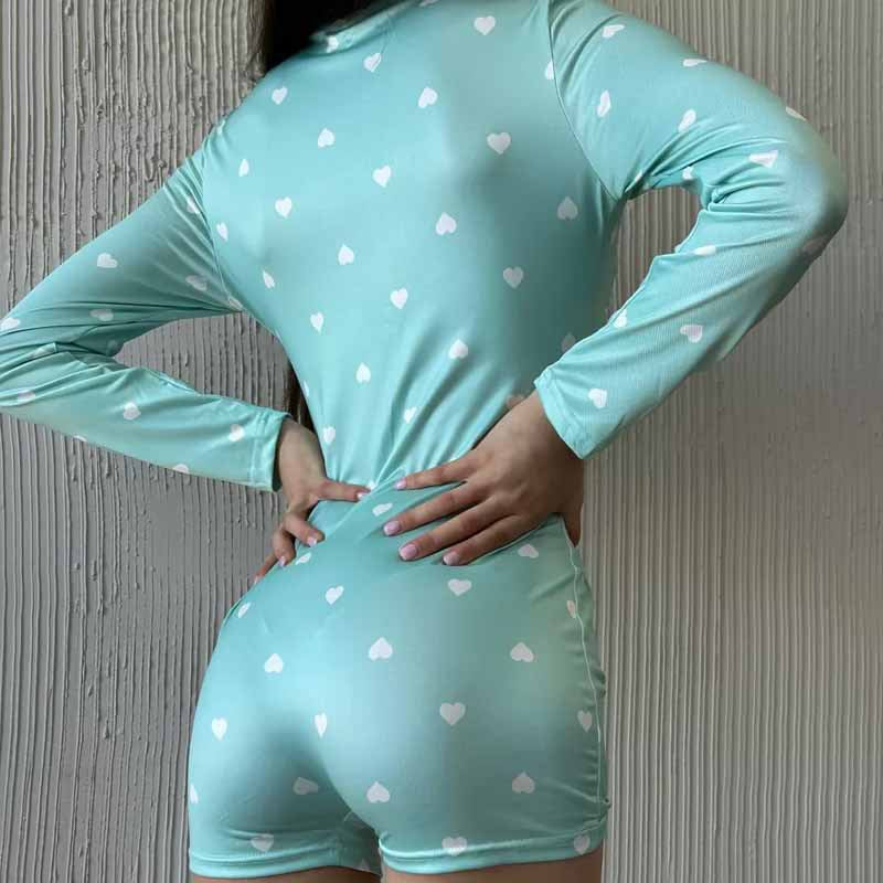 Heart-Print V-Neck Button Bodycon Jumpsuit