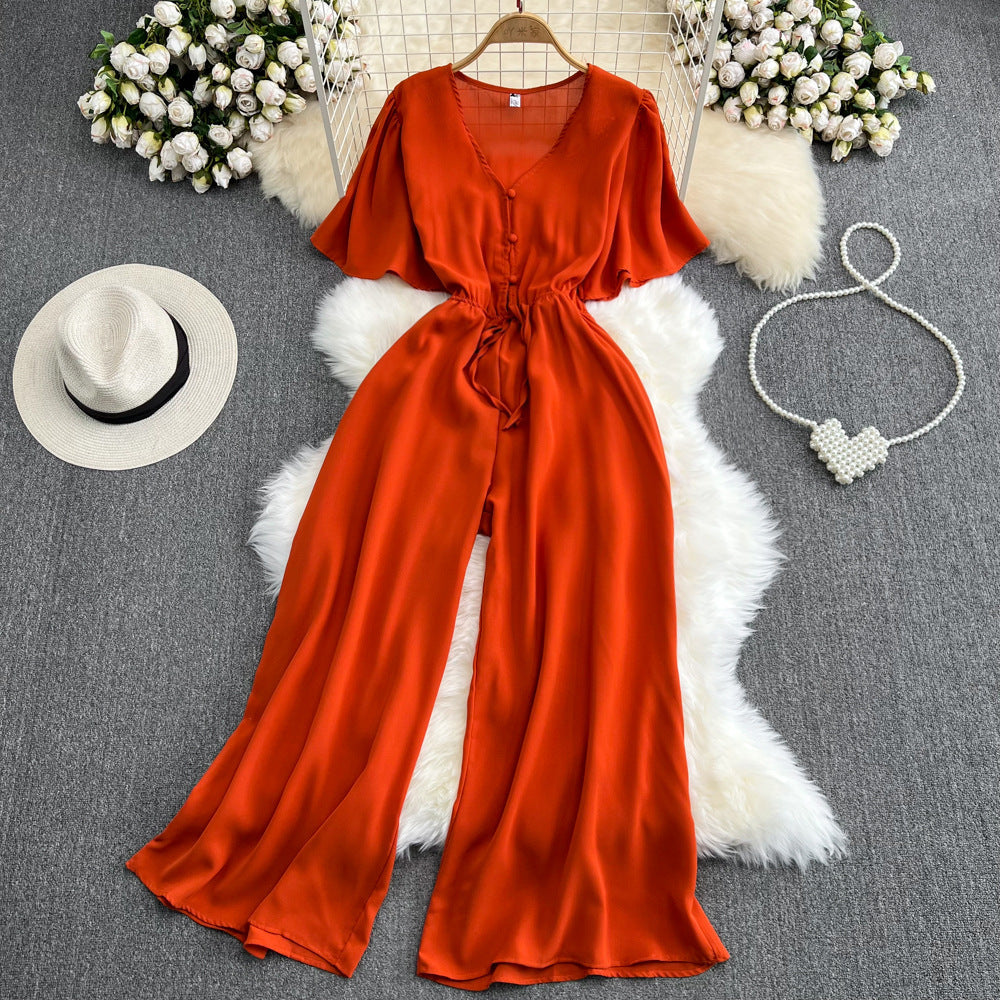 Chic Flared Sleeve High-Waist Casual Jumpsuit