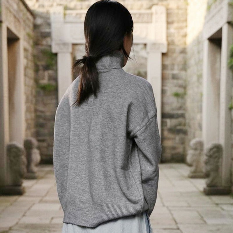 Elegant Commuter Knitted Long-sleeve T-shirt with a High Neck Pullover Sweater