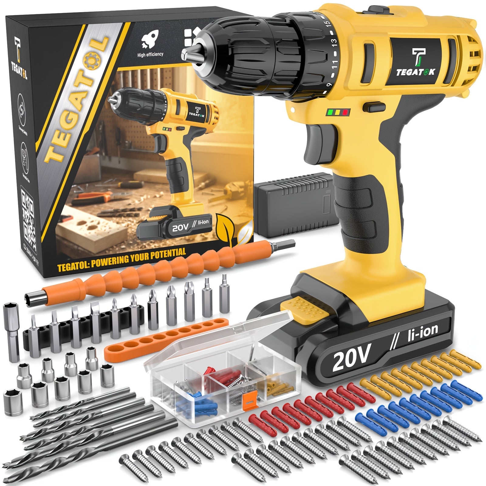 20V Cordless Drill Set – 30/88/136/148 Piece Toolbox Including Battery, Charger, Drill, Pliers, Bits – Ideal for Construction and Home Improvement