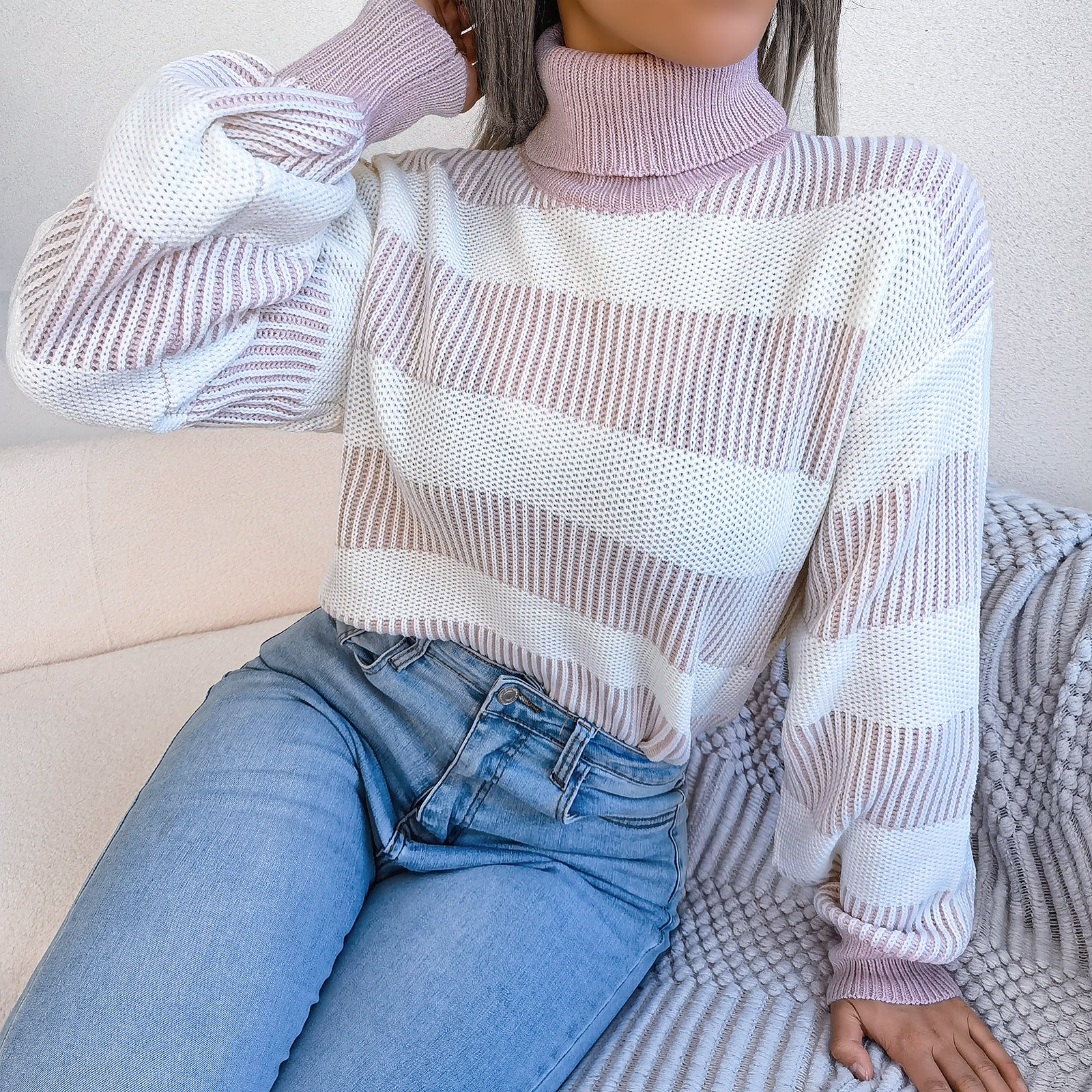European And American Street Stripe Lantern Sleeve High Neck Bottoming Sweater