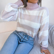 European And American Street Stripe Lantern Sleeve High Neck Bottoming Sweater