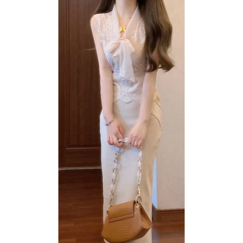 Elegant Beaded Sleeveless Blouse & Sheath Skirt Set