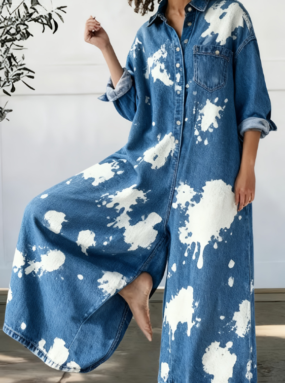 Retro Casual Long-Sleeve Patchwork Wide-Leg Jumpsuit