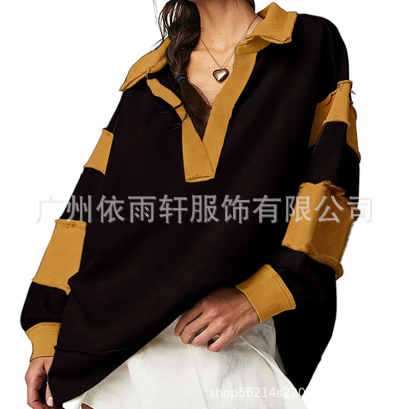 Chic V-Neck Colorblock Long Sleeve Split Hem Casual Sweater