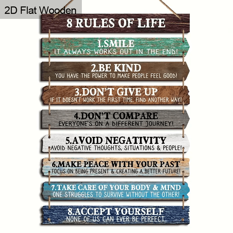 2D Flat - 1 Set 2D Flat Rustic Wooden Inspirational Quotes Hanging Plaque - Contemporary Multi-Purpose Wall Art Decor with Motivational Life Rules Sign for Home, Office, Bedroom, Living Room…