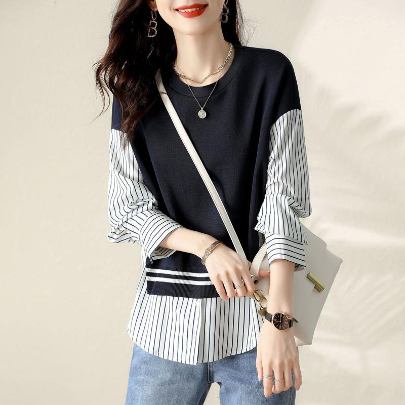 Graceful Striped False Two-Piece Women's Patchwork Sweater