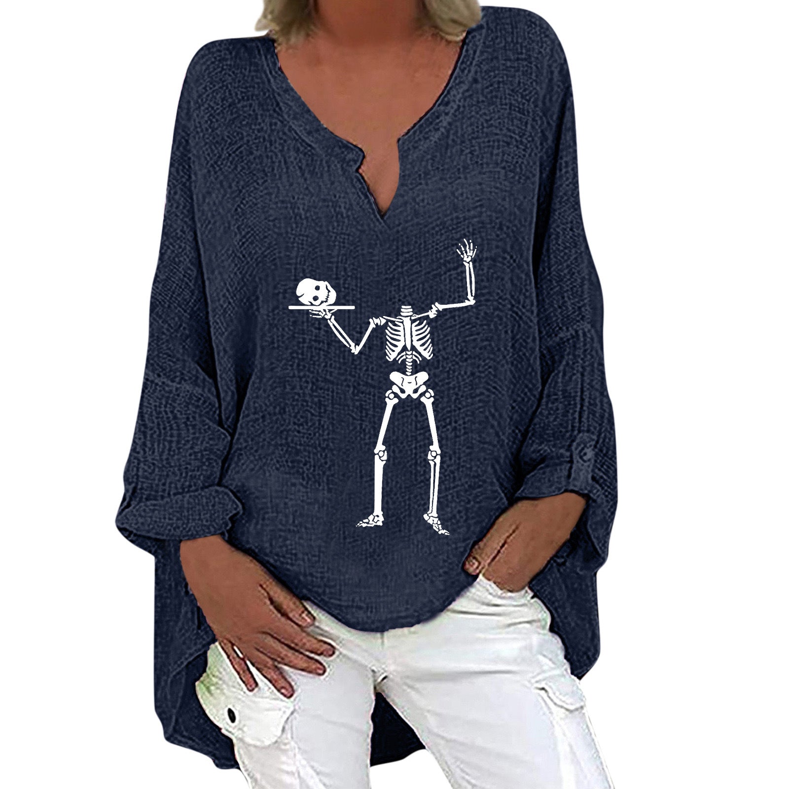 Halloween V-Neck Cotton Linen Long Sleeve Shirt