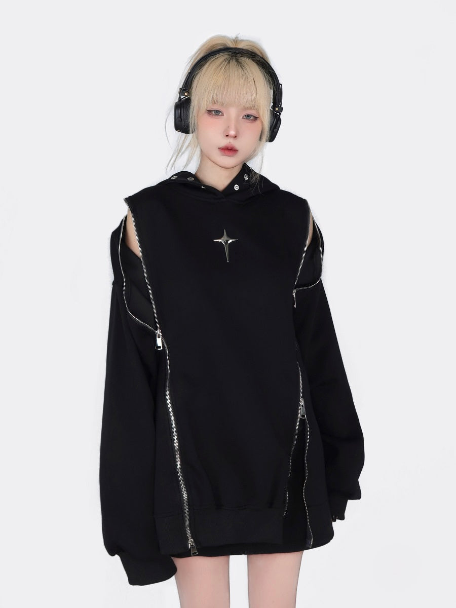 Edgy Cold-Shoulder Hollow Out Zip-Up Hoodie