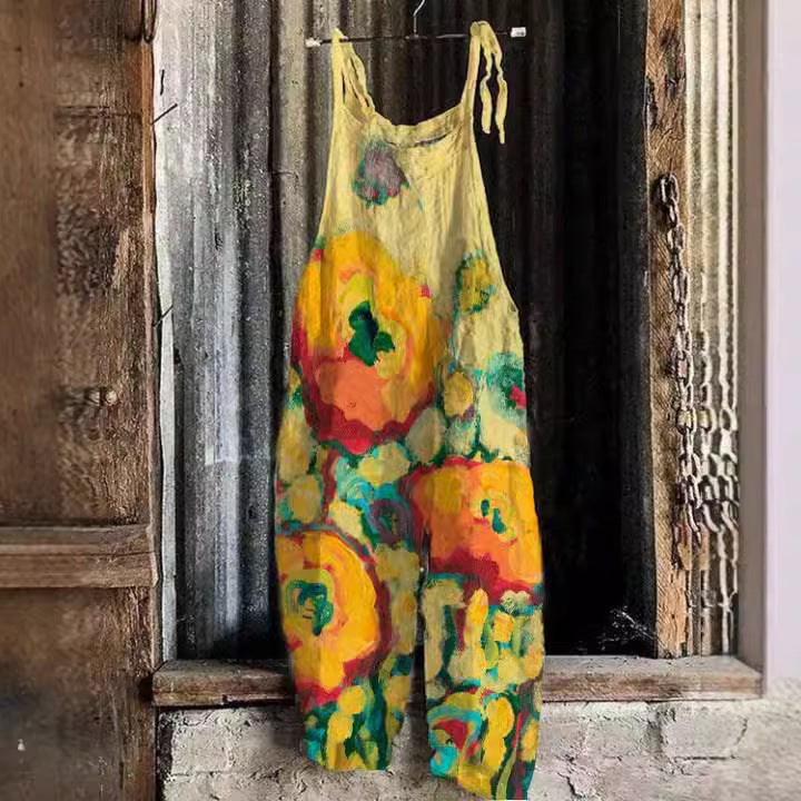Women's Cotton Linen Suspender Trousers Printed Suspenders Casual Jumpsuit