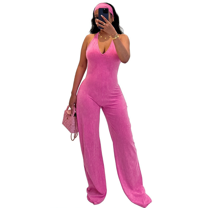 Casual Sporty Fauxwatereffect Openback Flared Jumpsuit