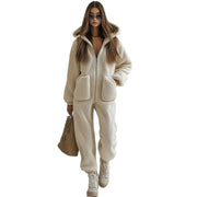Plush Hooded Loose Straight Jumpsuit with Pockets