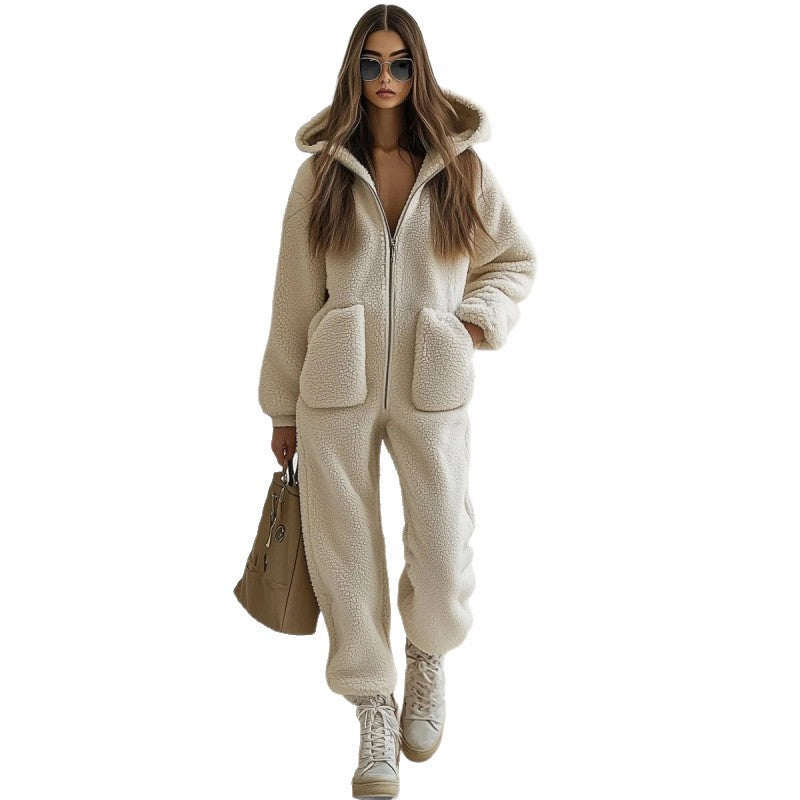 Plush Hooded Loose Straight Jumpsuit with Pockets