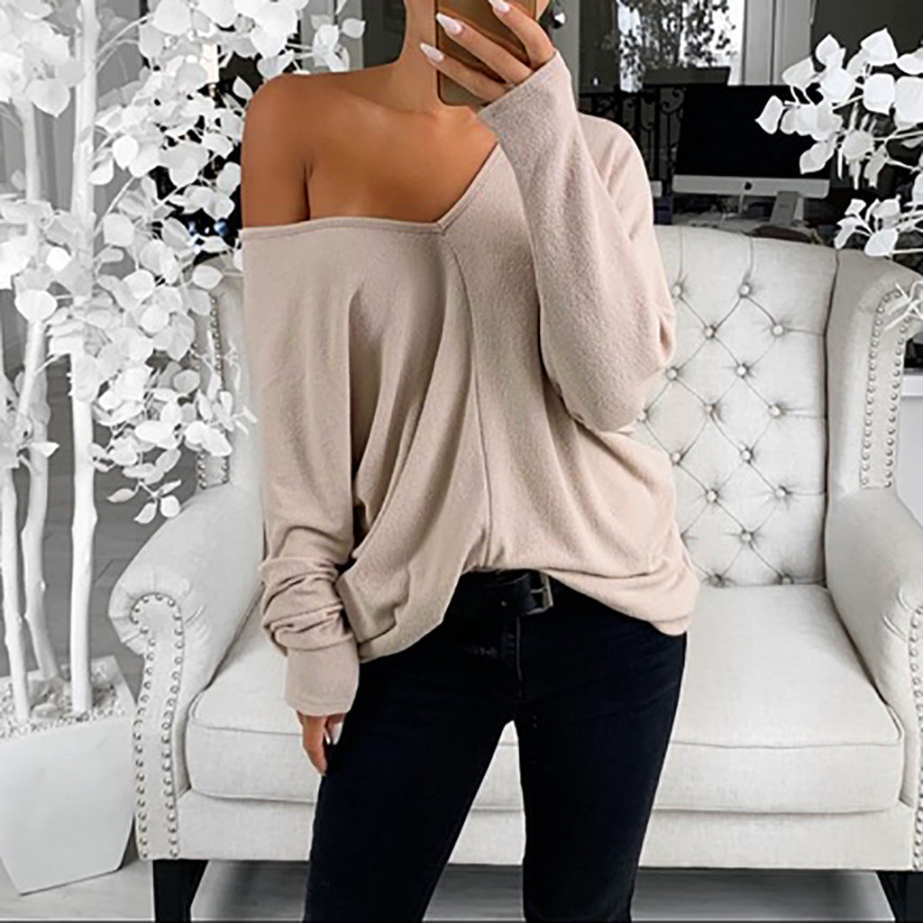 Women's Loose V-Neck Long-Sleeve Casual Pullover Tee