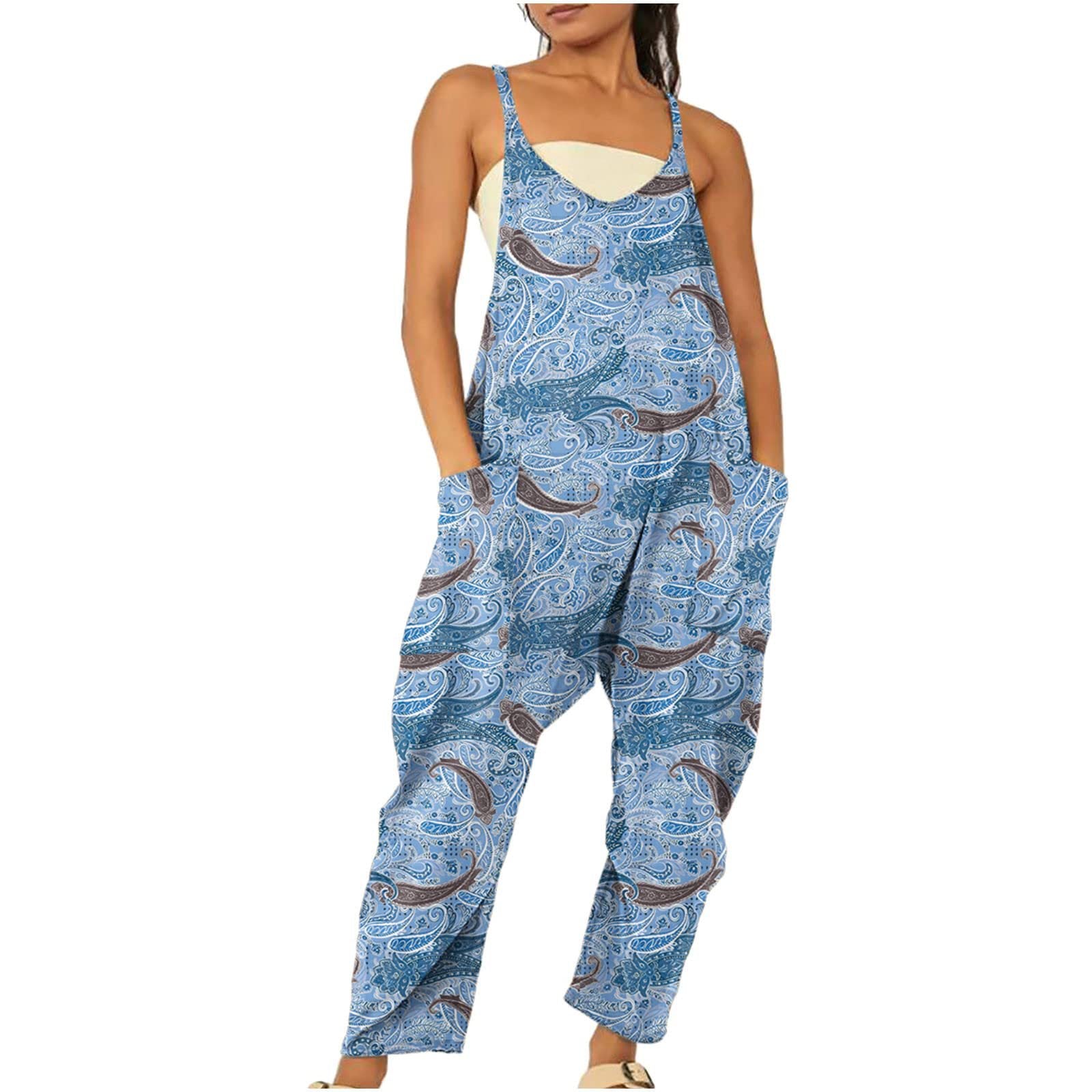 Women's Printed Zippered Pocket Jumpsuit with Straps