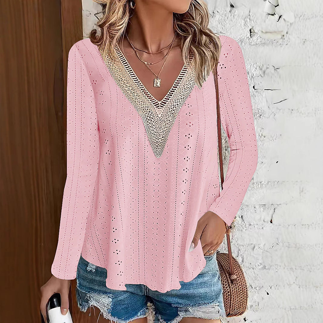 Lace-trimmed Patchwork V-Neck Plus-Size Long-Sleeve T-Shirt