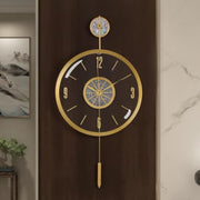 Modern 13 Inch Round Pendulum Wall Clock with Golden Metal Frame & Glass Face - Elegant Hands, Numerals, Decorative Shell Design, Battery-Powered (No Wiring) for Living Room, Bedroom, Office - Durable Quartz Movement, Easy-to-Read Timepiece