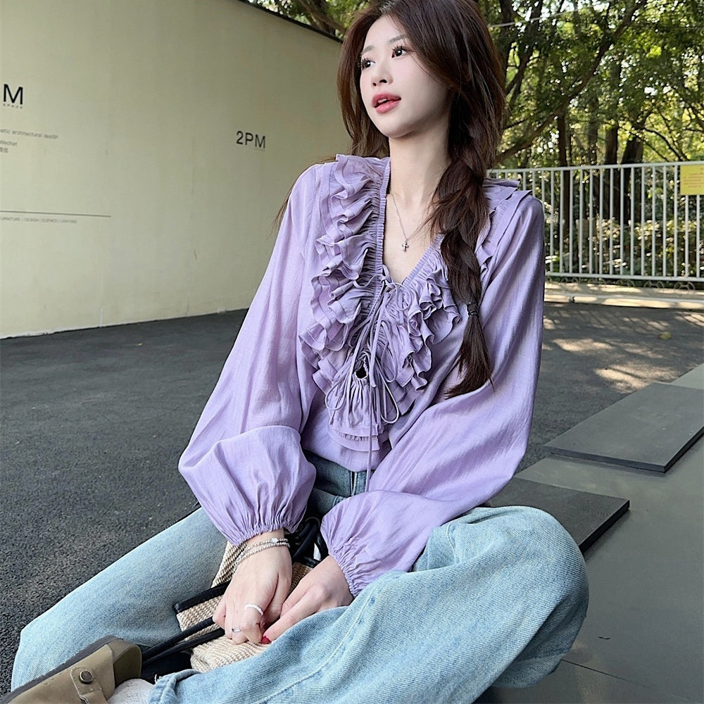 Elegant Ruffled V-Neck Shirt For Women