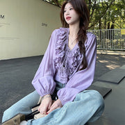Elegant Ruffled V-Neck Shirt For Women