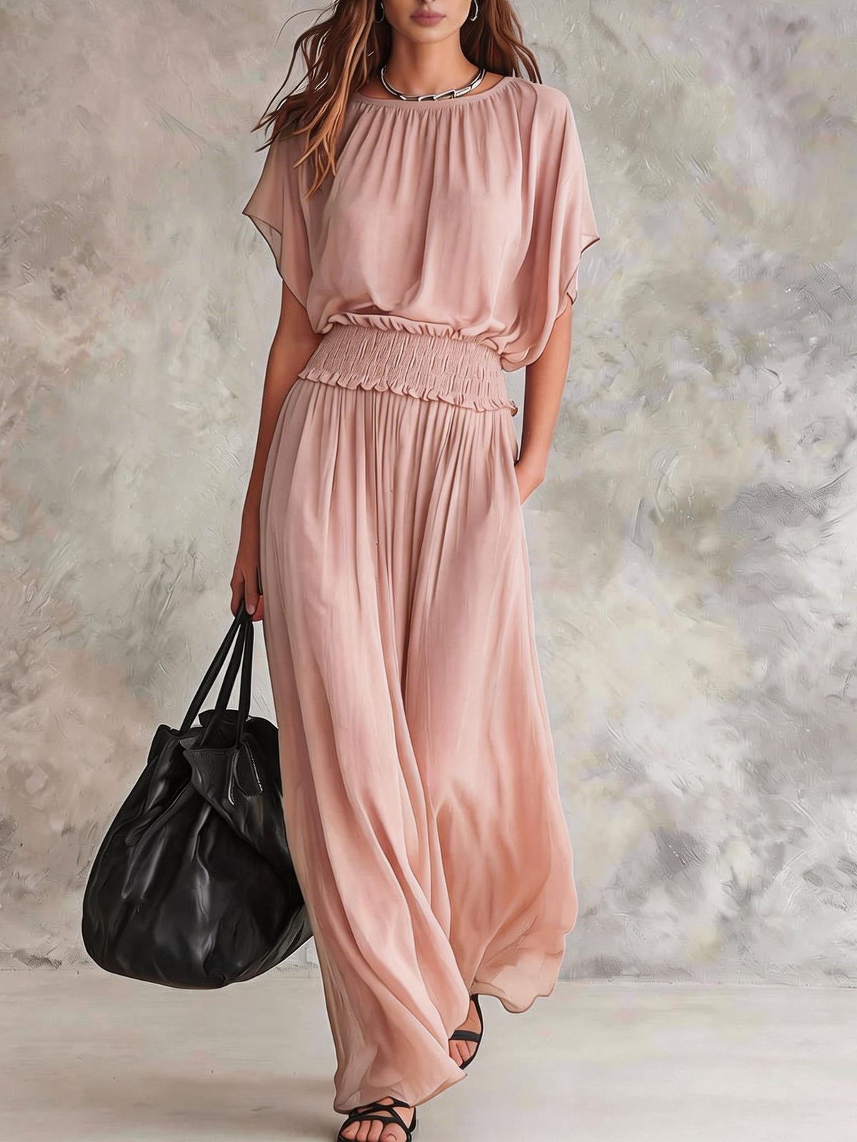 Elegant Draped Waist Flowing Summer Long Dress