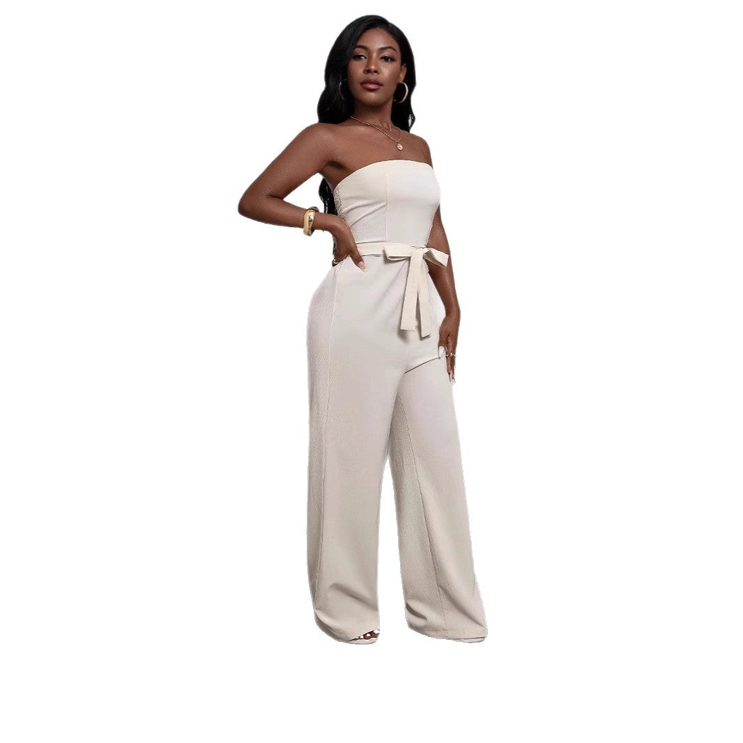 Elegant Strapless Solid-Color Long Jumpsuit for Women