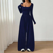 2026 Spring Fall Women's Casual Solid Color Square Neck Long Sleeve A-Line Jumpsuit Pleating Wide Leg Loose Mopping Jumpsuit