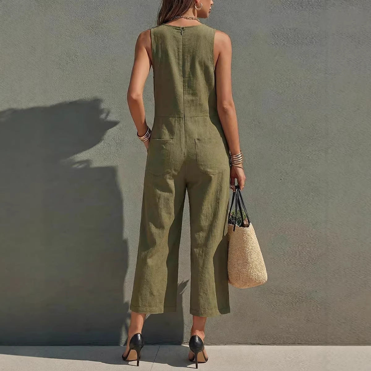 Elegant Sleeveless Wide-Leg Button Jumpsuit