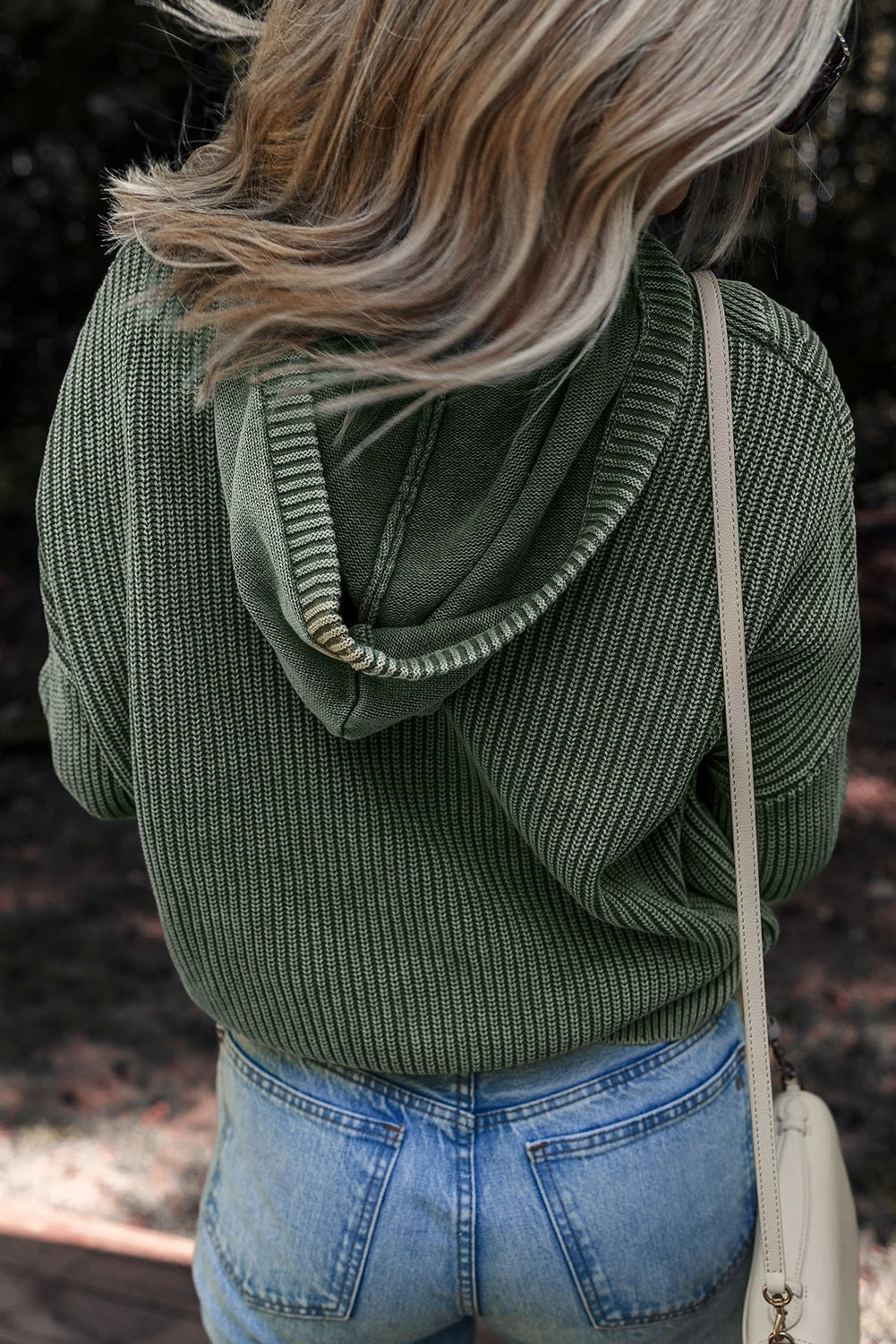 Women's Washed Rib Button Hoodie with Drawstrings Sweater