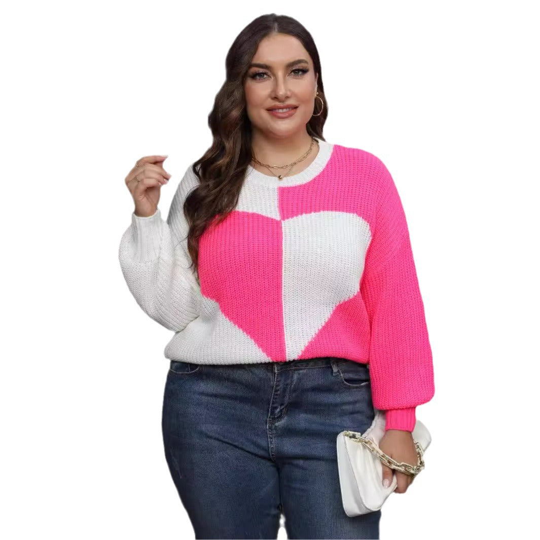 Pullover Knitted Sweater Heart Patchwork Contrasting Color Sweater Women