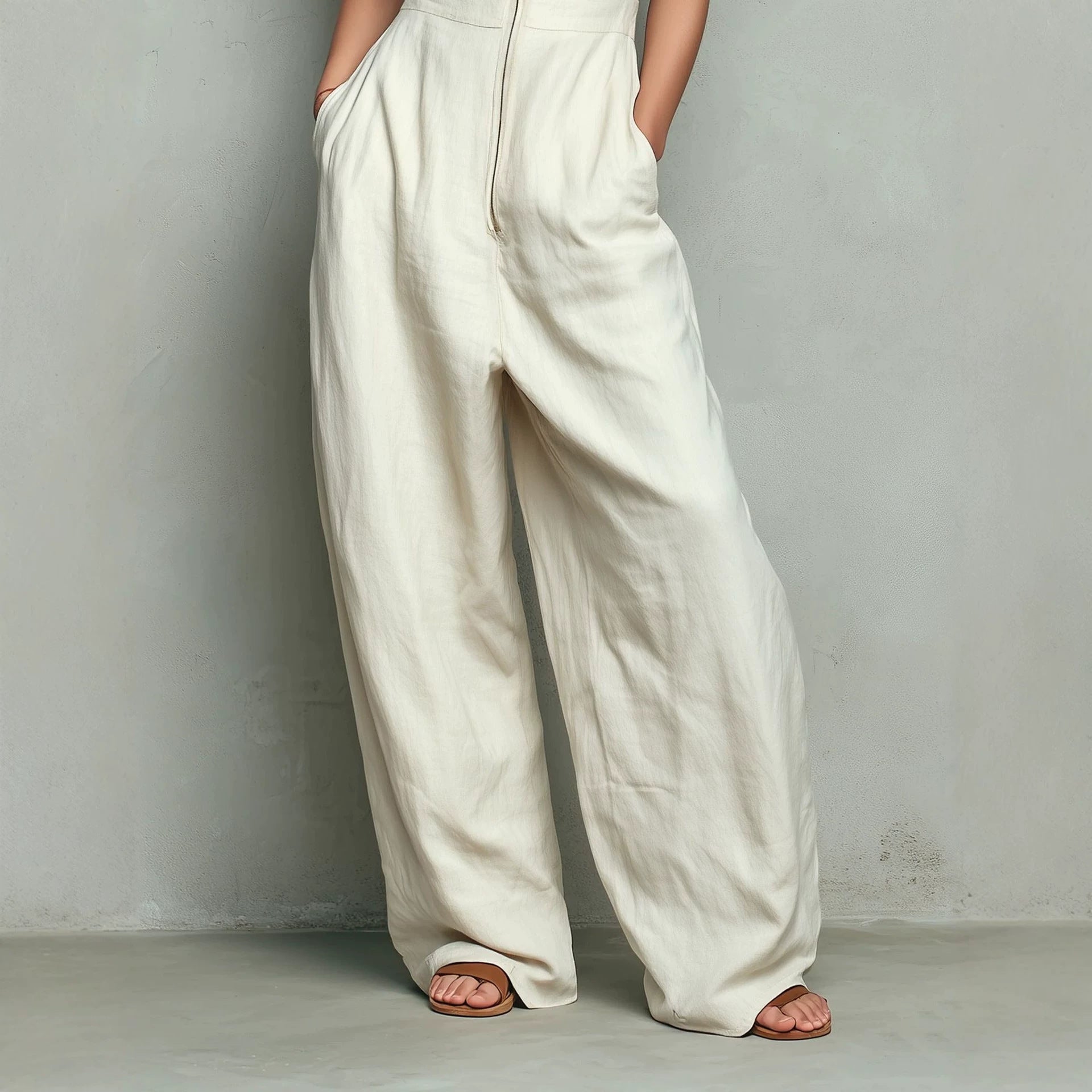 Women's Solid Zip-Front Backless Wide-Leg Jumpsuit