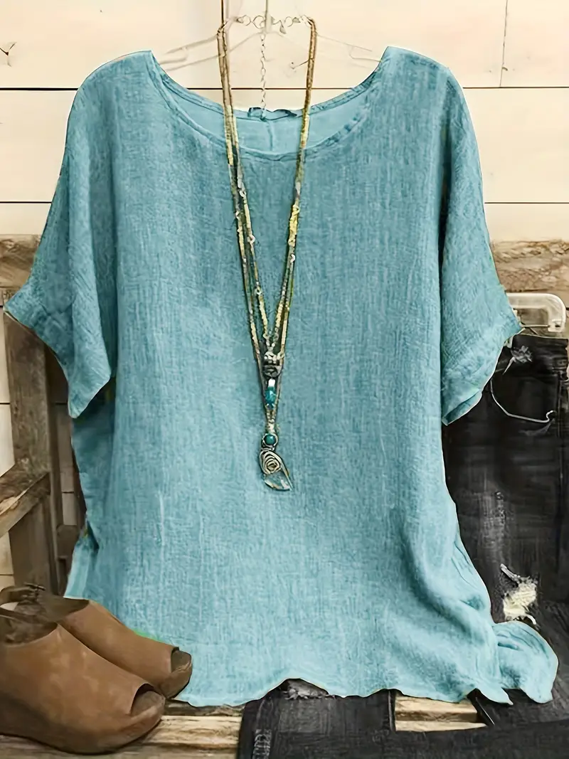 Women Fashion Casual Shirts Solid Color 3 4 Sleeve Round Neck Blouses Summer Loose Tops Streetwear