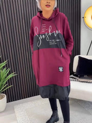 Cozy Letter Splicing Hooded Long Sleeve Sweater Dress