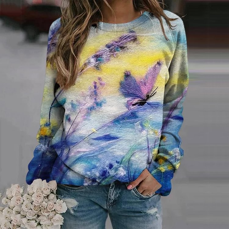 Cute Cartoon Cat Print Long Sleeve Crew Neck Sweatshirt