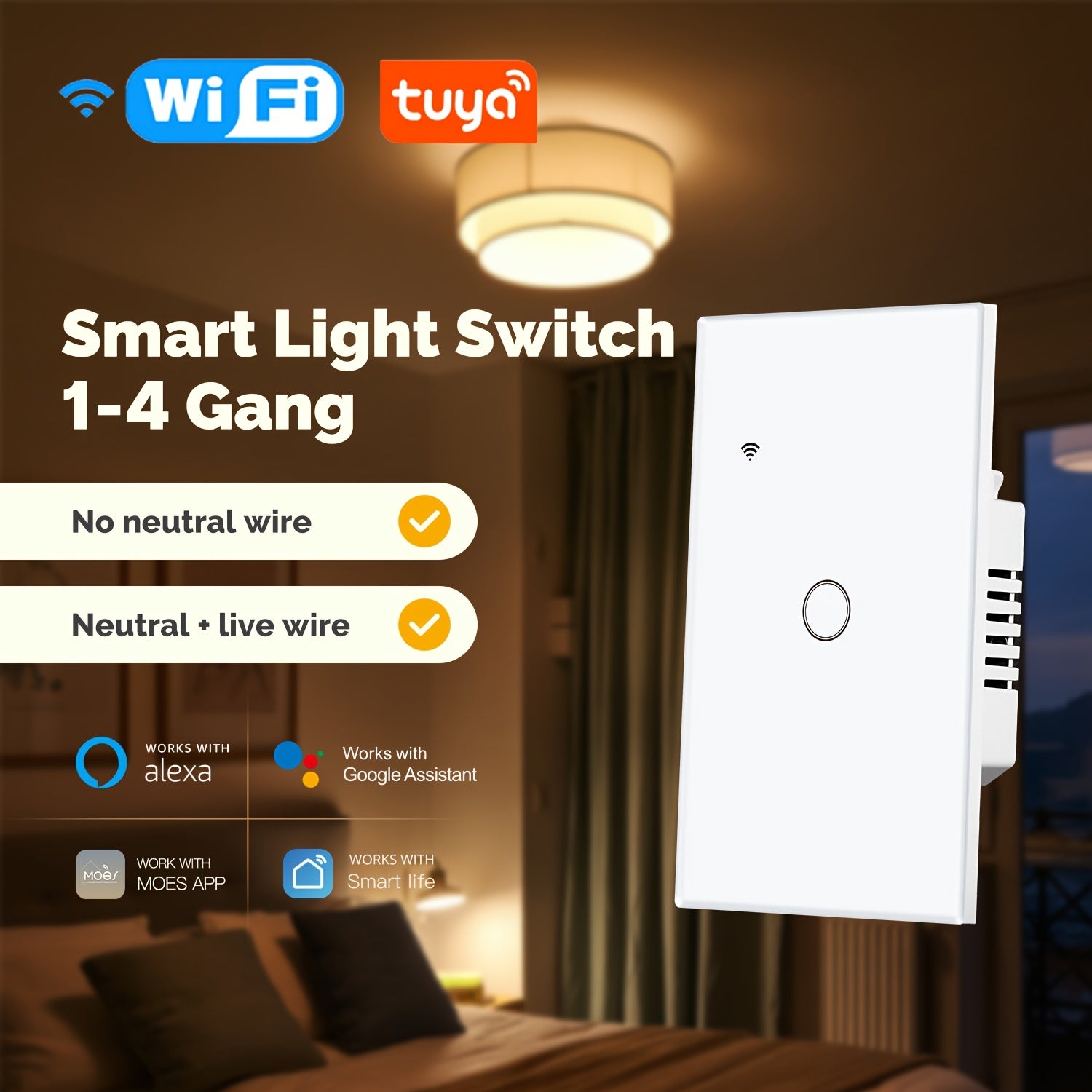 White Smart Wi‑Fi Touch Light Switch – No Neutral Wire Required, Alexa & Google Home Compatible, 110 V Single Pole, Timer Function