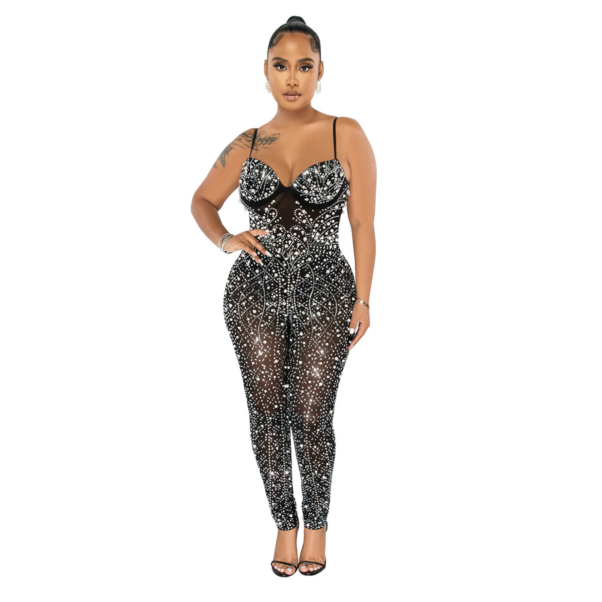 Rhinestone Mesh Sleeveless Jumpsuit